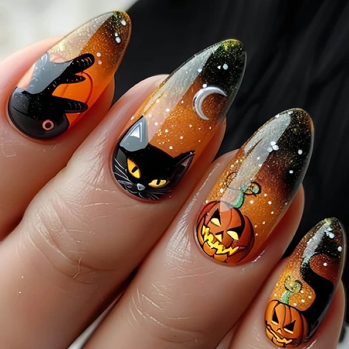 24 pz/set Unghie finte medio lunghe per la festa di Halloween gatto nero luna zucca albero morto mandorla punte quadrate premere su unghie finte art