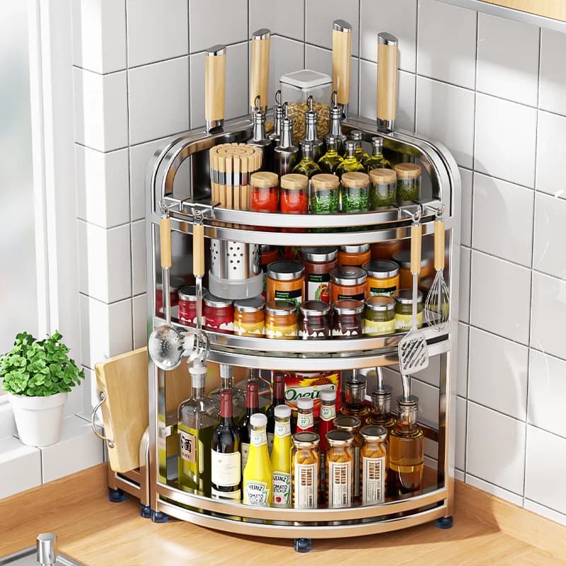 Stainless Steel Kitchen Corner Storage Rack, Triangular Spice & Condiment Organizer with Knife Holder, Wall Mount & Floor Standi