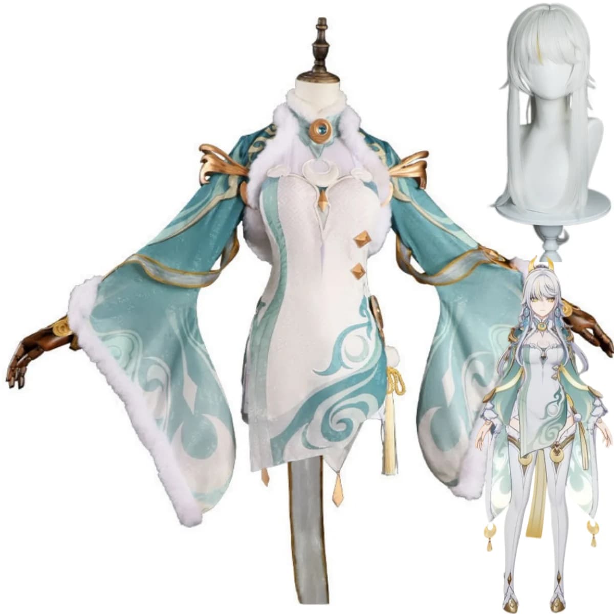 Costume Cosplay Game Zibai Verde Bianco Stile Qipao Cinese con Parrucca, Abito Sexy da Donna per Carnevale