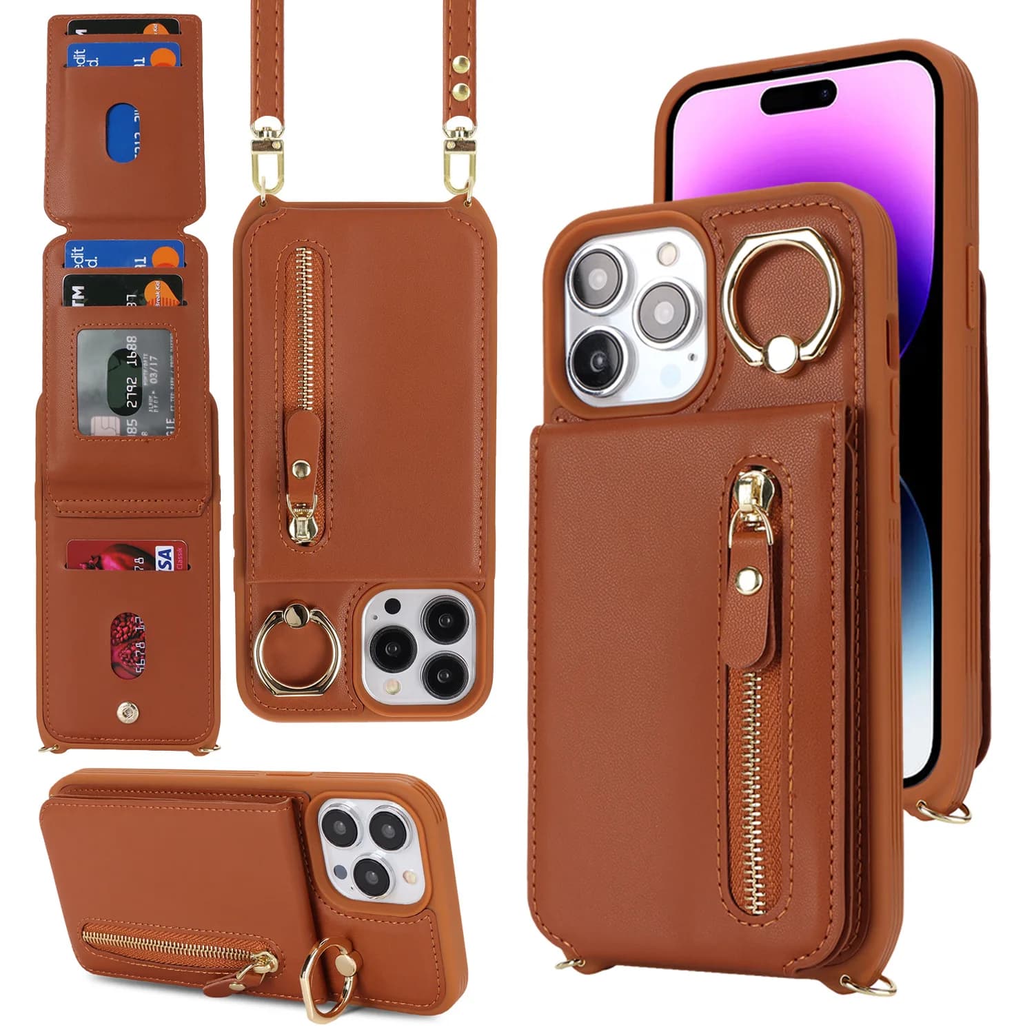 Applicable iPhone 15 Pro Max zipper wallet phone case - Apple 16 with card insertion ring stand protection cover
