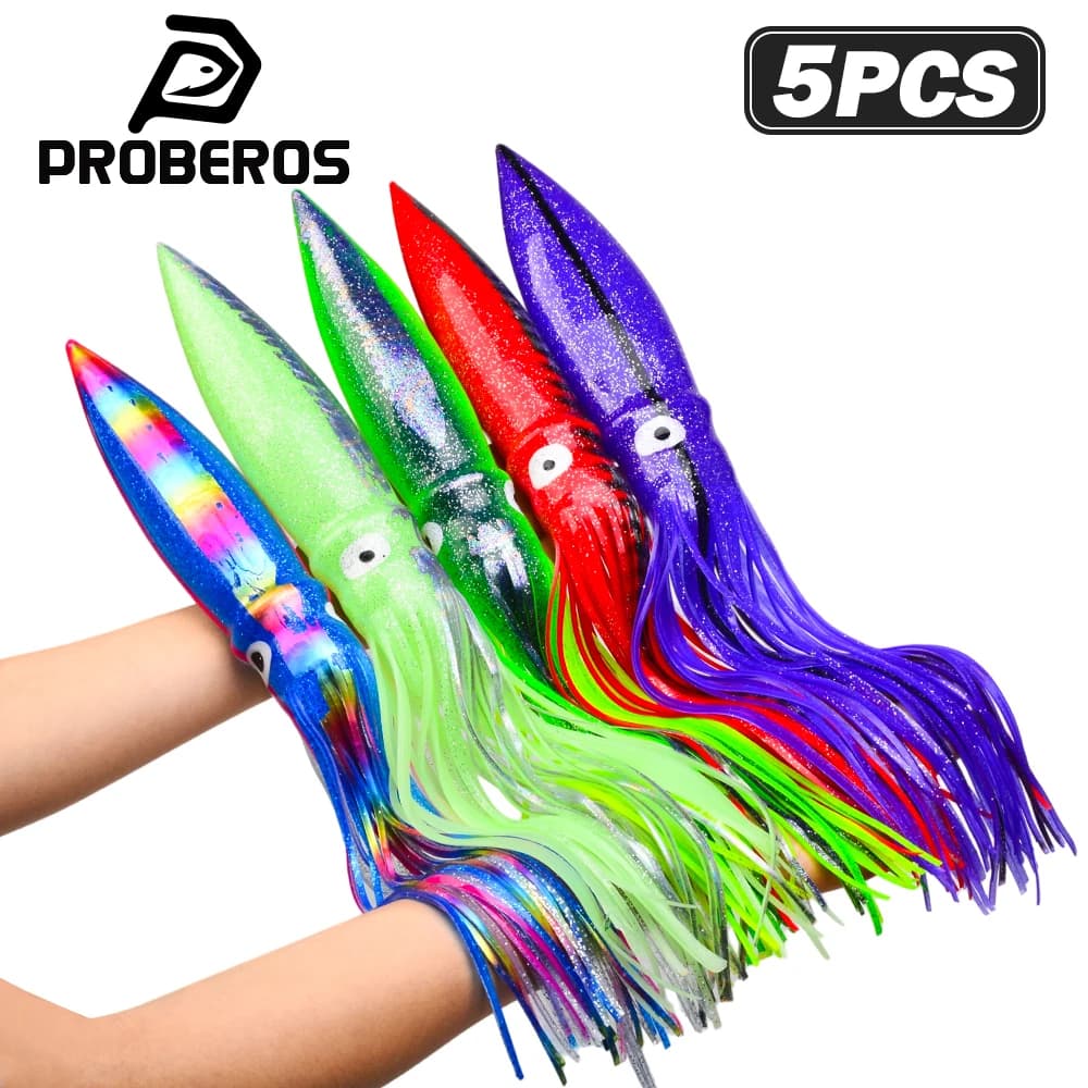 PROBEROS 5PCS Large Luminous Squid Soft Bait for Sea Fishing, Squid Skirts Octopus Trolling Tuna Baits, Saltwater Fishing Tackle