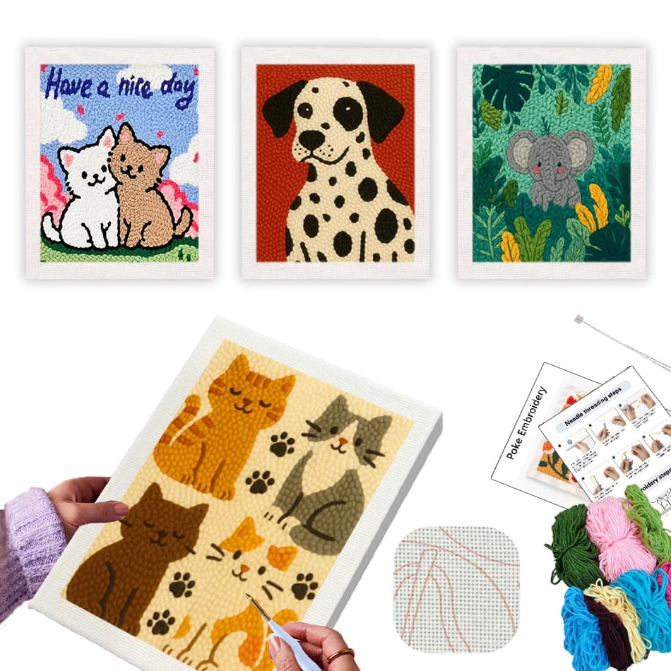 Kit Ricamo Punch Needle GATYZTORY con Animali Carini 25x30cm, Telaio per Ricamo, Kit per Principianti, Pacchetto Punch Needle con Filati