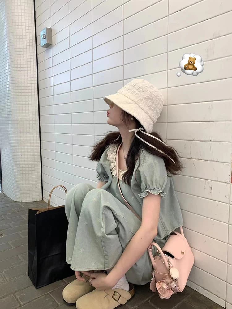 Women's Denim Set Straight Leg Jeans Shirt Two Piece Suit Korean Style Loose Fit Summer Fashion Outfit for Adults