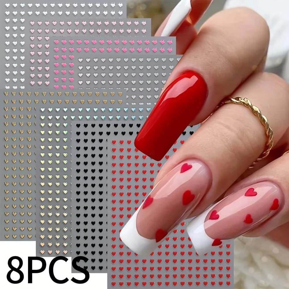 Set di 8 mini adesivi per nail art a forma di cuore | Adesivi autoadesivi per unghie a forma di cuore romantico 3D colorati per San Valentino per manicure A