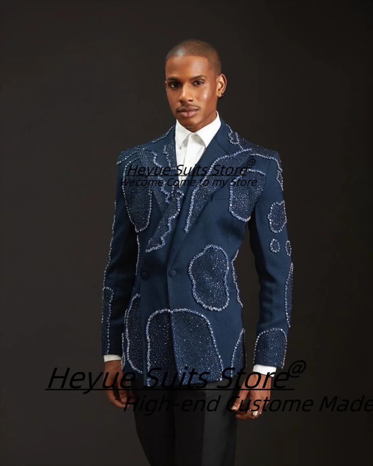 Gorgeous Crystal Embroidery Groom Wedding Tuxedos Customized Slim Fit Peak Lapel Men Suits 2 Pieces Sets trajes para hombre