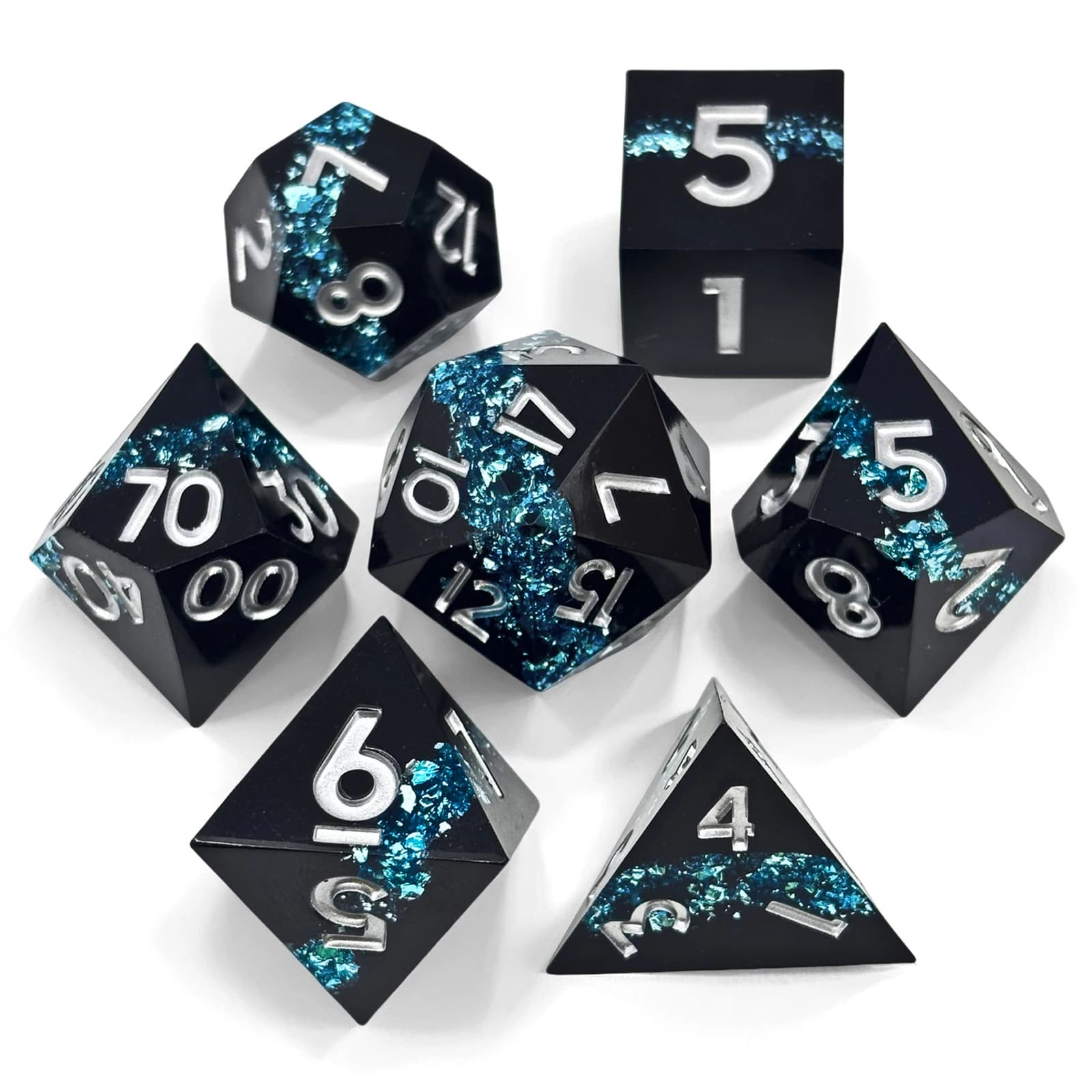 Set di sette dadi in resina nera a tre strati con dadi da gioco da tavolo fantasy multisfaccettati adatti per i giochi TRPG della squadra di corsa DND