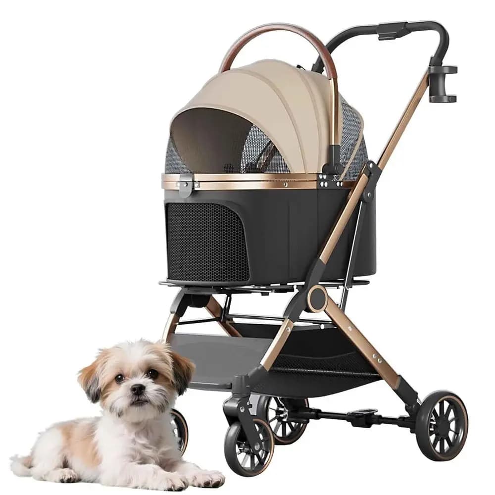 Passeggino per cani 3 in 1 per piccoli animali domestici con portapacchi rimovibile, portaoggetti e portabicchieri, kaki