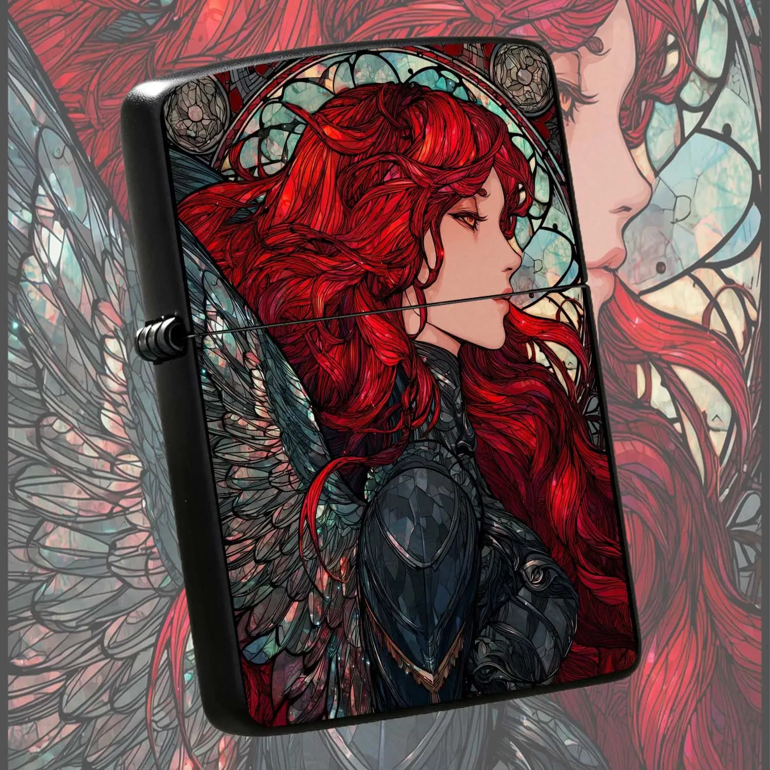 Reusable Flip-Top Pocket Metal Windproof Lighter with Vintage Stained Glass Red-Haired Angel Design, Exquisite Artistic Appearance, Creative and Stylish Portable Ignition Tool, Ideal Niche High-End Gift for Friends and Boyfriends