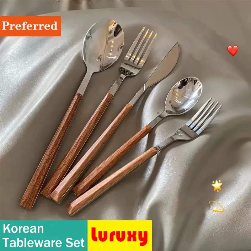 Set of cutlery with wooden handle Set of Korean stainless steel crockery Kitchen knife Fork Sponges Set of crockery Set of crockery