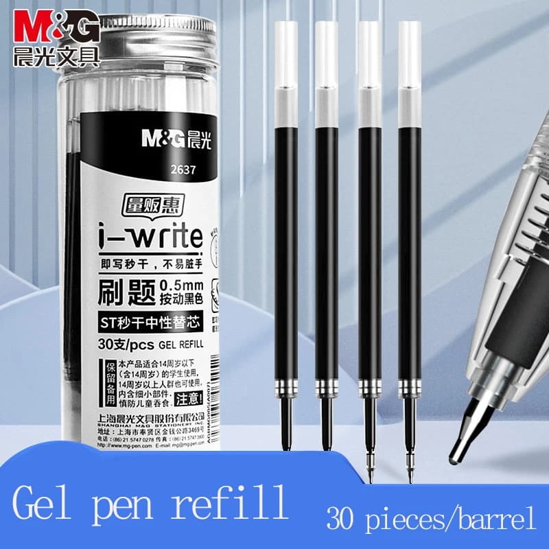 Ricarica per penna gel ricaricabile M&G, nera ad asciugatura rapida 0,5 mm, punta ST adatta per esami studenteschi, ricambio, 30 pezzi/confezione