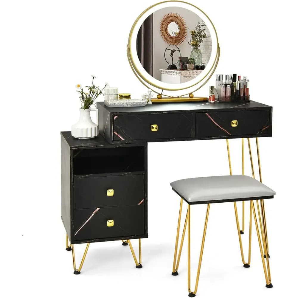Toeletta in legno con specchio illuminato a 3 colori, sgabello, contenitore portaoggetti, cassetti, set da camera da letto per ragazze, nero