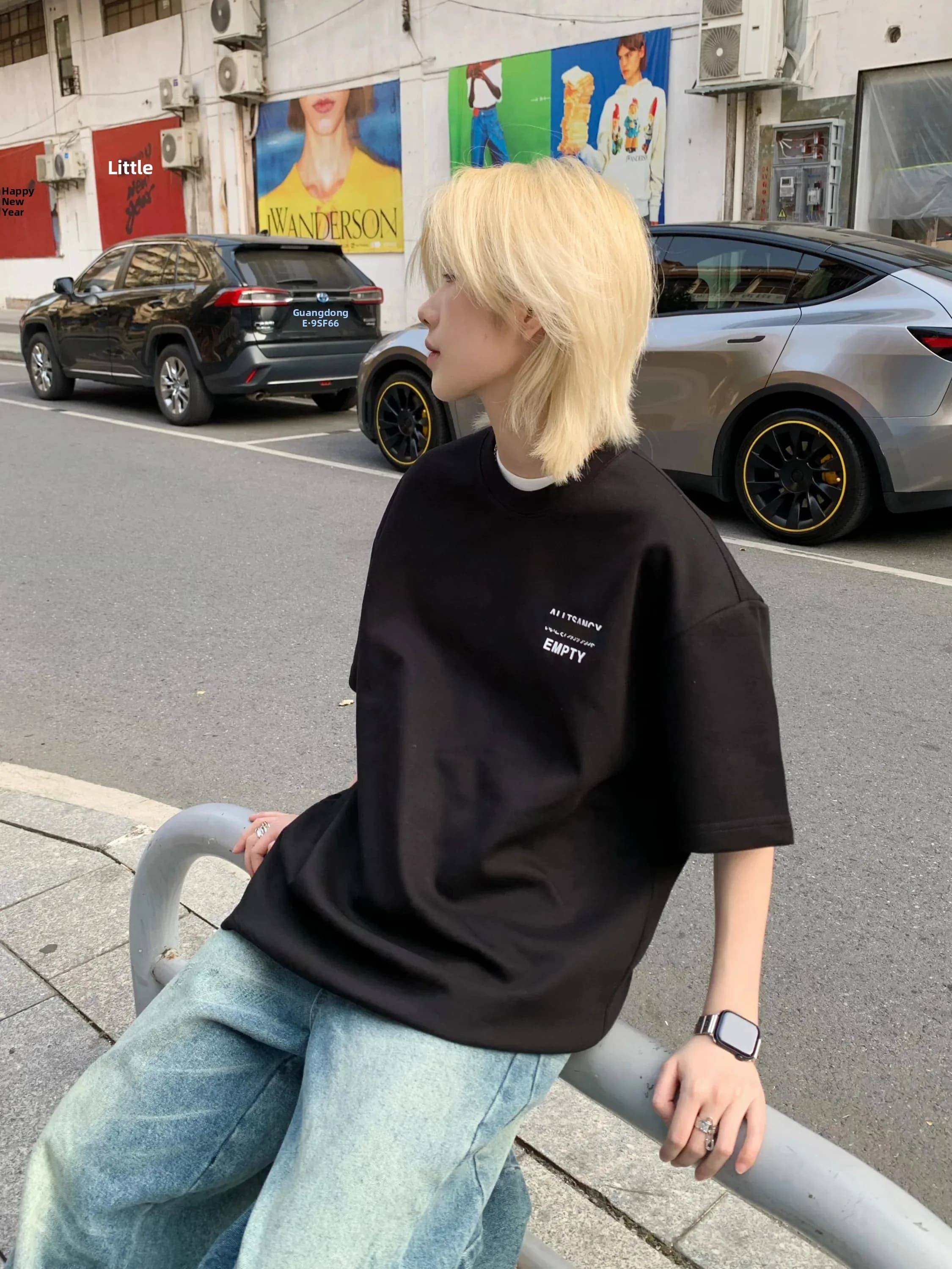 Street Style round Neck Short Sleeve T-Shirt Couple Print Casual Loose Fit Summer Polyester Cotton Spandex Blend Ja1 No Brand