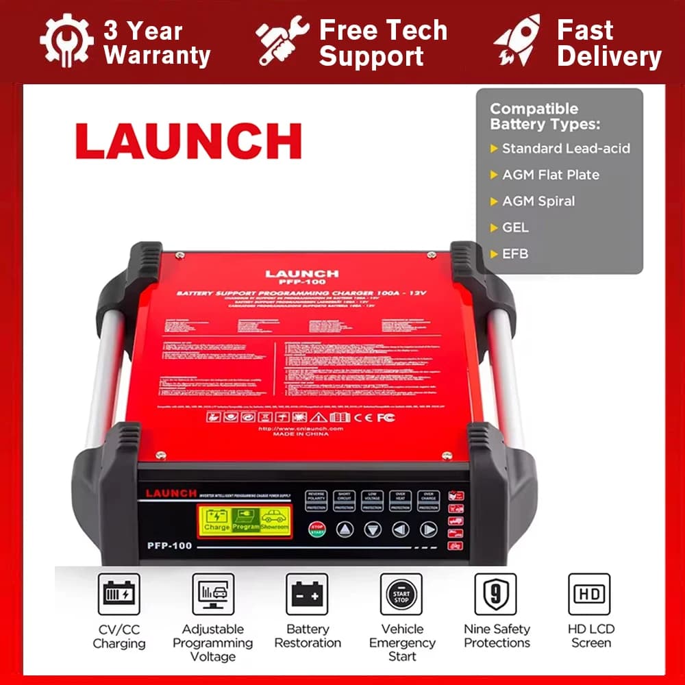 Lancia l'alimentatore per la programmazione di veicoli PFP 100, caricabatteria da 12 V e trasformatore di tensione del regolatore di avviamento per auto