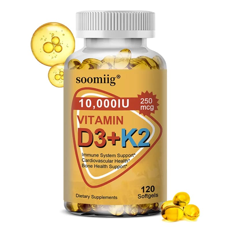 The suplement of the softgel capsule to vitamin D3 K2 supports joints, bones and immune health, strong bones and health for men and women