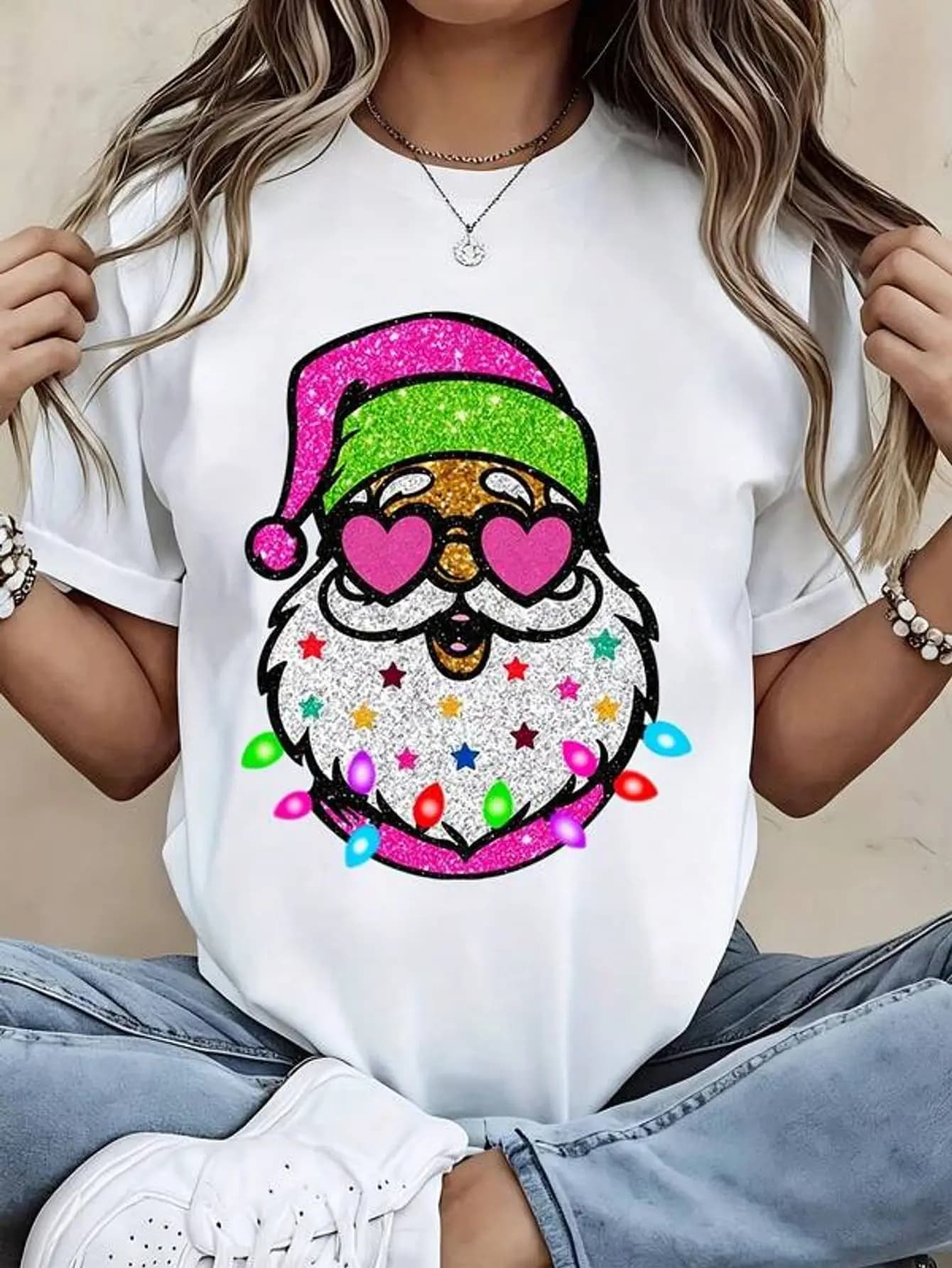 White Christmas T-Shirt With Glitter Santa Claus And Heart Eyes Print For Holiday Party, Casual Wear, Festive Season