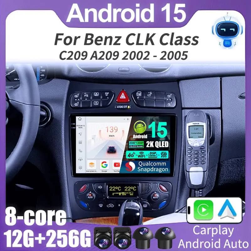 Android 15 Autoradio Per Mercedes-Benz CLK Classe W209 C209 A209 2 porte 2000-2005 CarPlay Stereo 4G WiFi GPS Lettore Multimediale