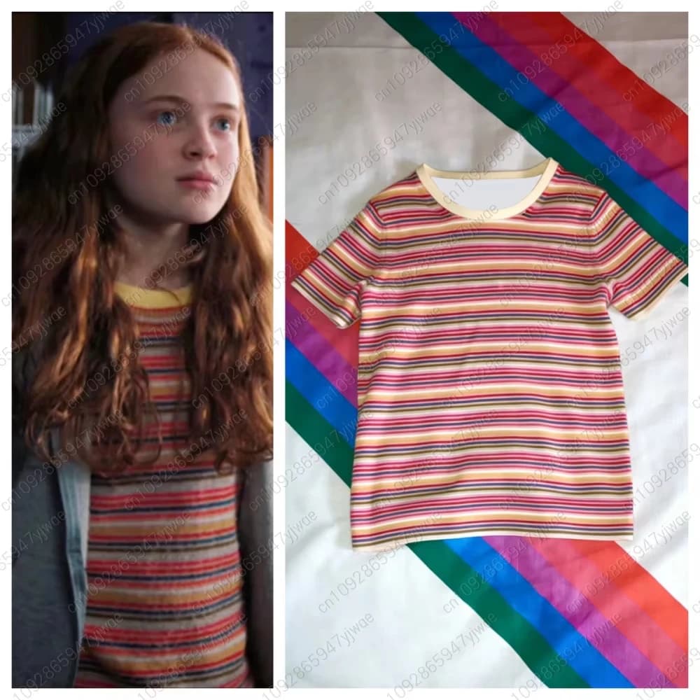 Costume Cosplay Max Mayfield 2026, T-shirt a Righe Arcobaleno per Donne e Bambini, Casual e Colorata, Manica Corta
