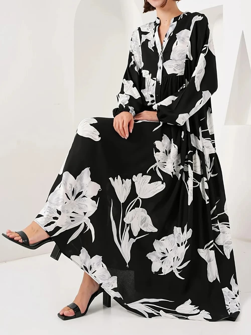 Eid Abito da donna Musulmano Stampa floreale Abaya Dubai Abiti Largos Abiti Caftano Arabo Robe Party Caftano Jalabiya Ramadan Autunno