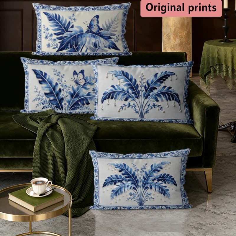 Blue Chinoiserie Botanical Throw Pillow Covers Suitable For Sofa Bedroom Car Cushion Rectangular Back Cushion