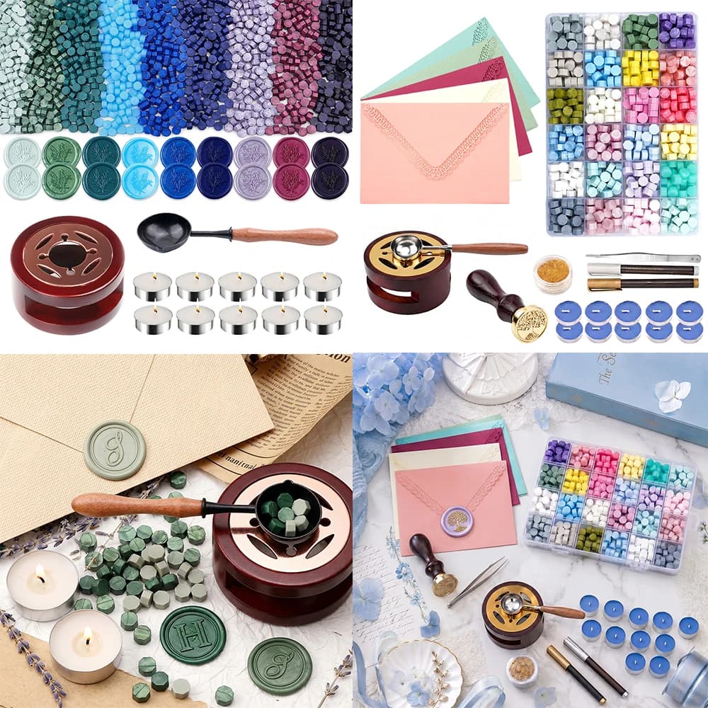 DIY Wax Seal Stamp Set with Colorful Wax Beads Melting Stove Spoon Candles for Wedding Envelope Paper Card Craft DIY Tools