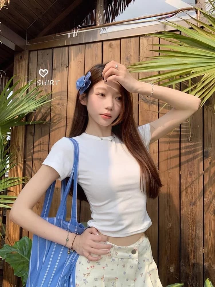 Kokori Basic Short Sleeve T-Shirt Women Summer New Korean Style Shoulder High Slimming Short Length Top Ins Short Sleeve roun...