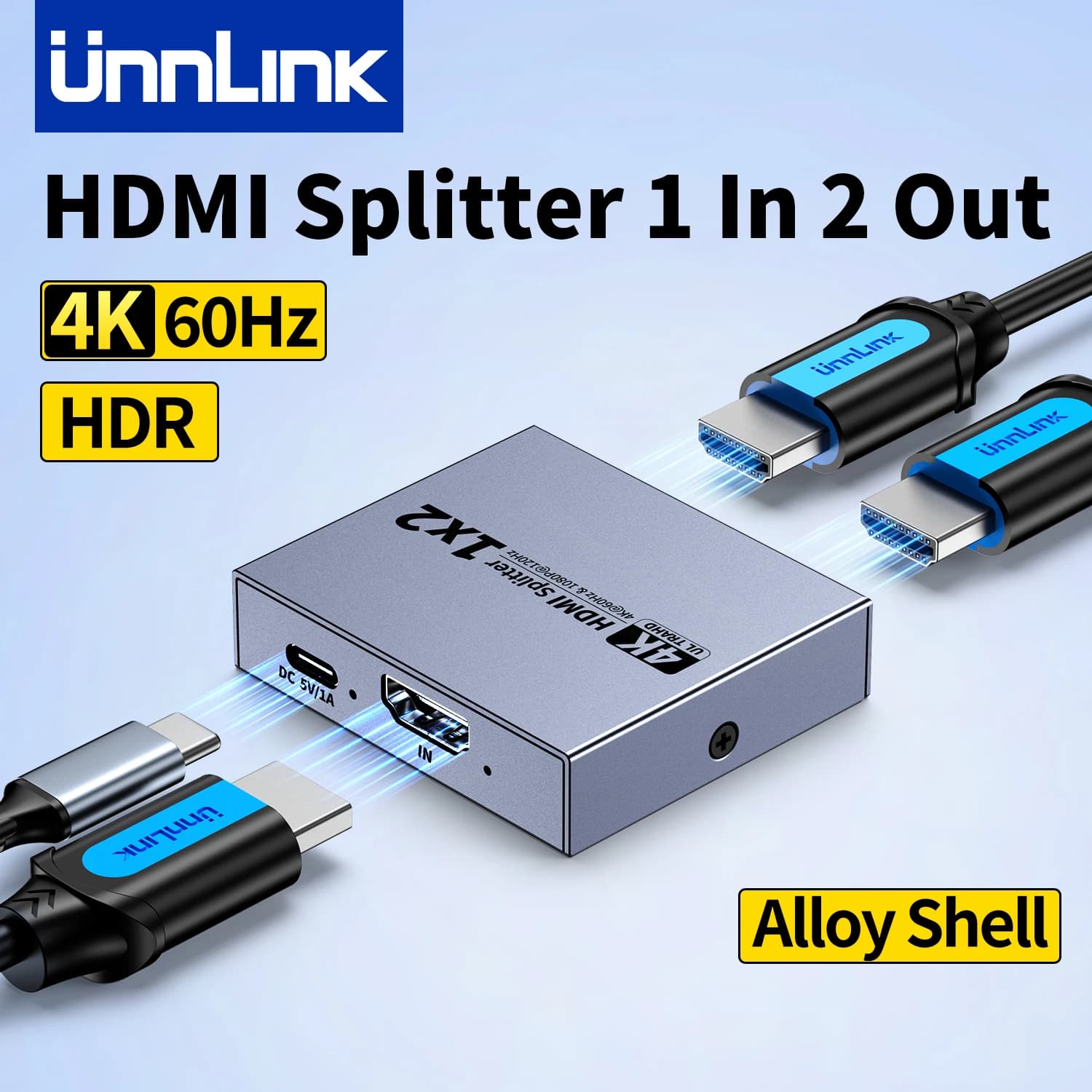 Unnlink 1x2 HDMI Splitter 4K@60Hz 1 in 2 Out Video Splitter for Home Theater, Dual TV, Game, Movie Watching HDCP 2.2 HDR Support
