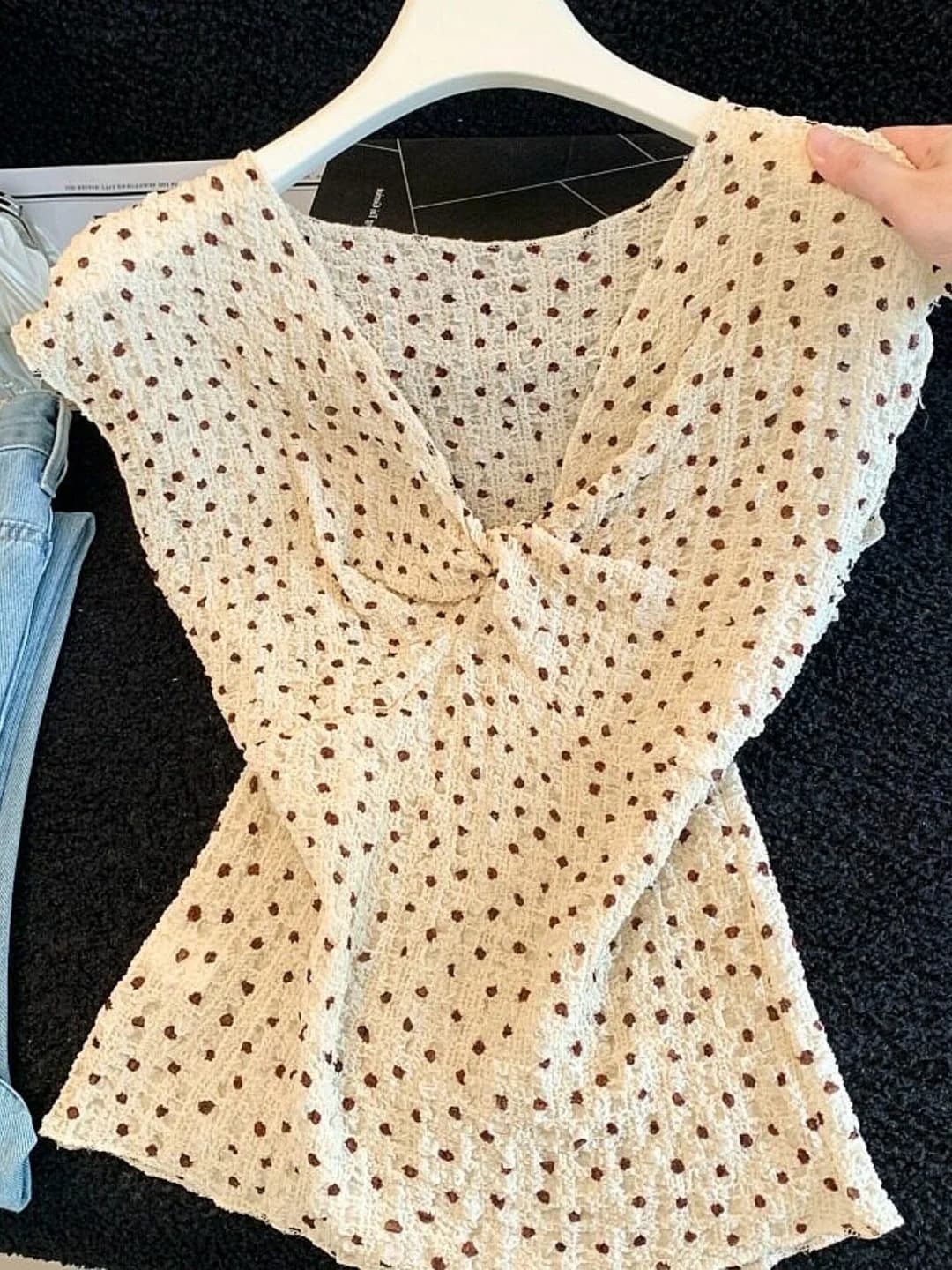 Nuova Maglietta Estiva da Donna con Scollo a V e Nodo, Fantasia a Pois, Effetto Snellente, Stile Dolce e Piccante, Casual Business