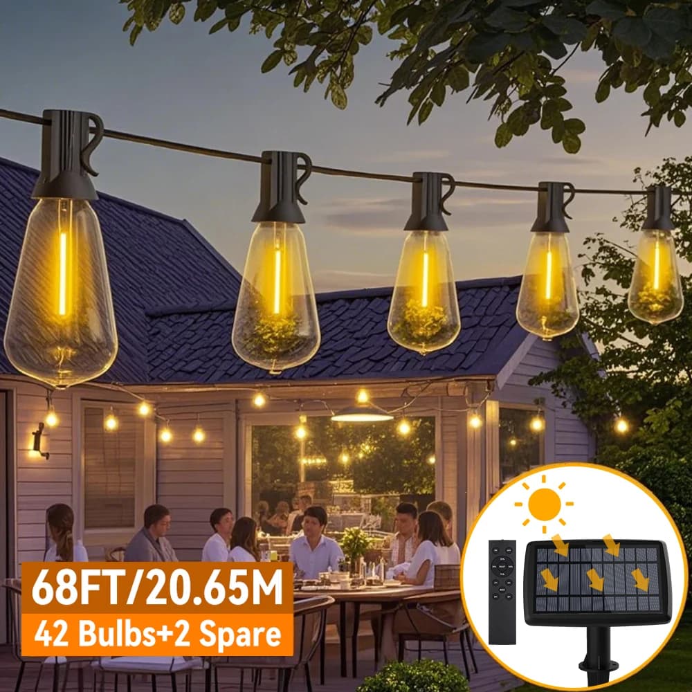 Stringa di luce per esterni a energia solare ST38 Lampadine infrangibili in plastica a LED Luci da patio con telecomando Lampada da giardino per decorazioni per feste