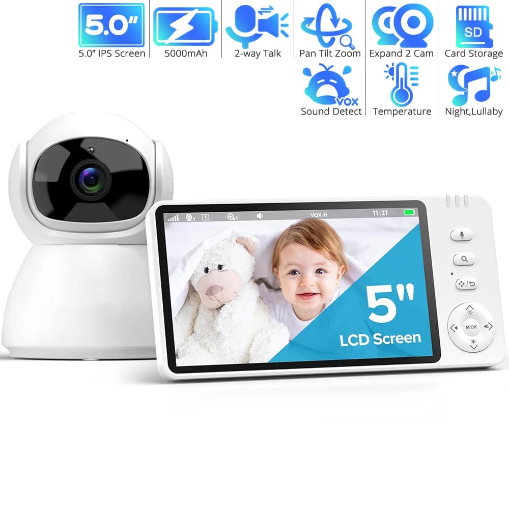 Baby monitor da 5 pollici con telecamera Pan-Tilt-Zoom Batteria da 5000 mAh Schermo IPS Conversazione bidirezionale Visione notturna Registrazione su scheda SD Monitoraggio della tata