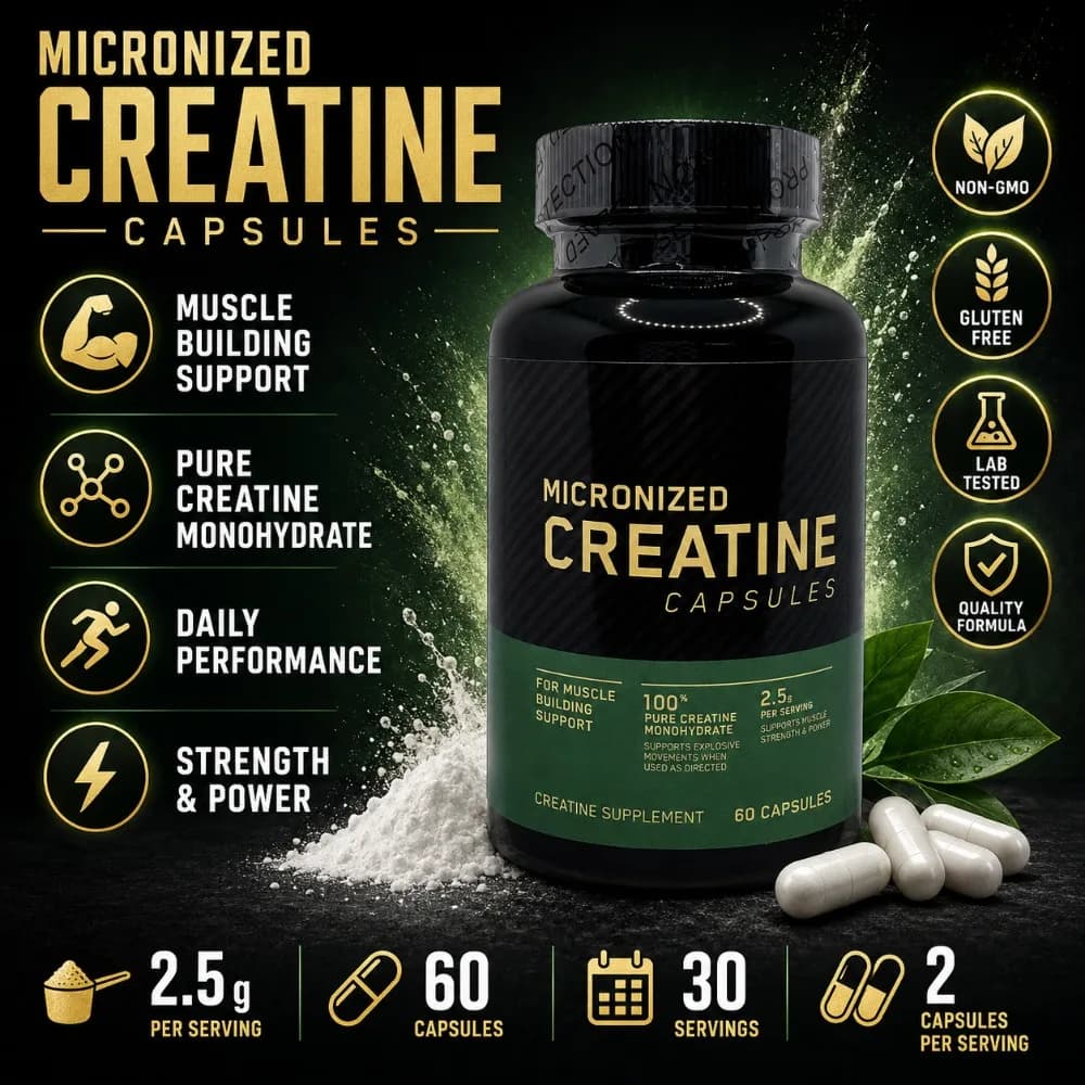 Capsule di Creatina Monoidrato Micronizzata 2,5g per Porzione, 60 Capsule, Integratore Fitness per Allenamento della Forza e Supporto Muscolare