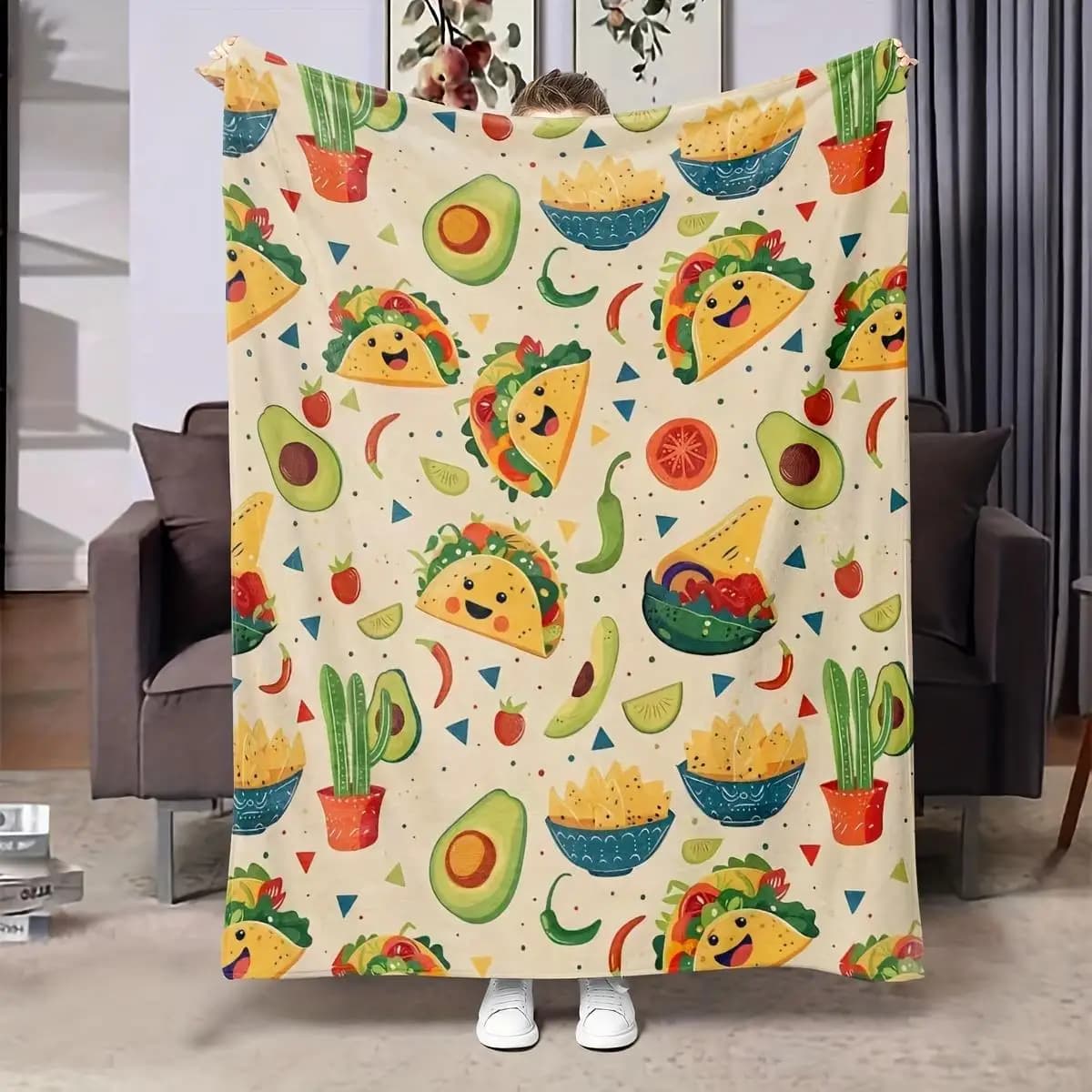 Kawaii Smiling Taco Tortilla Chips Fruit Vegetable Flannel Blanket Cozy Plush Bedspread Portable Travel Blanket for Bedroom