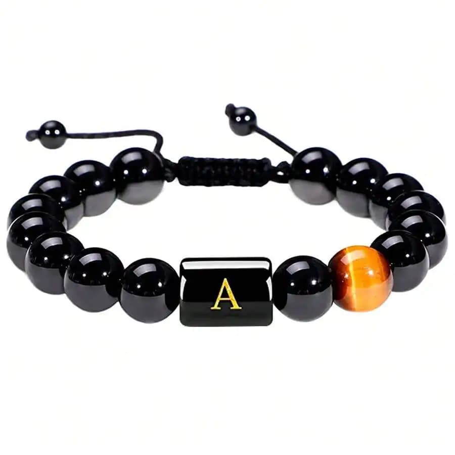 1pc Natural Black Agate 26 Letter Beaded Adjustable Braided Bracelet, Suitable For Various Occasions Like Festivals, Sports, Cas