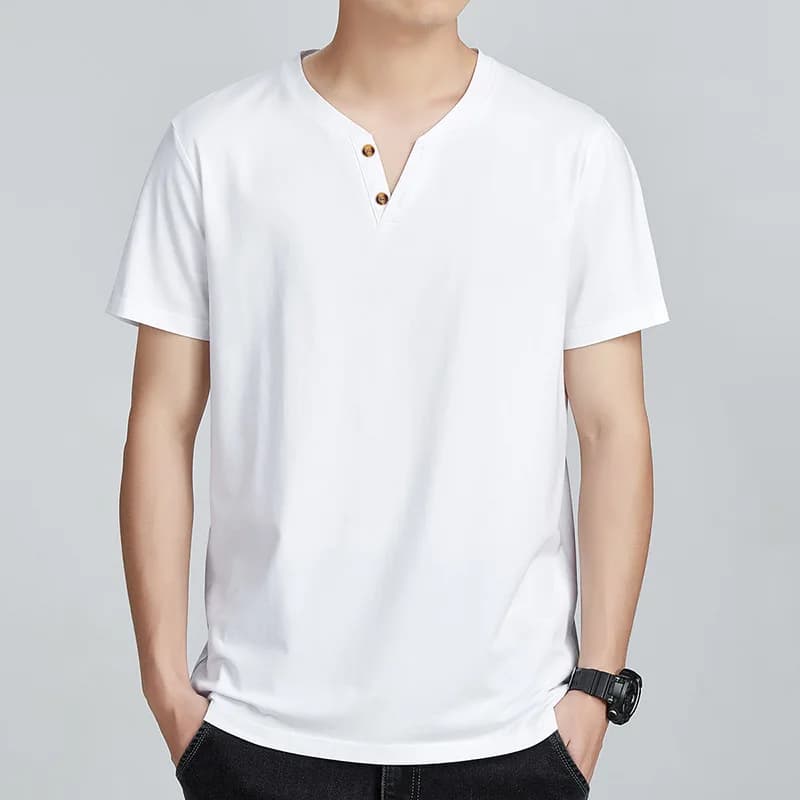 Solid Color V-neck Button Short Summer New T-shirt Base Shirt Sleeve Top Fashionable Men's Clothing