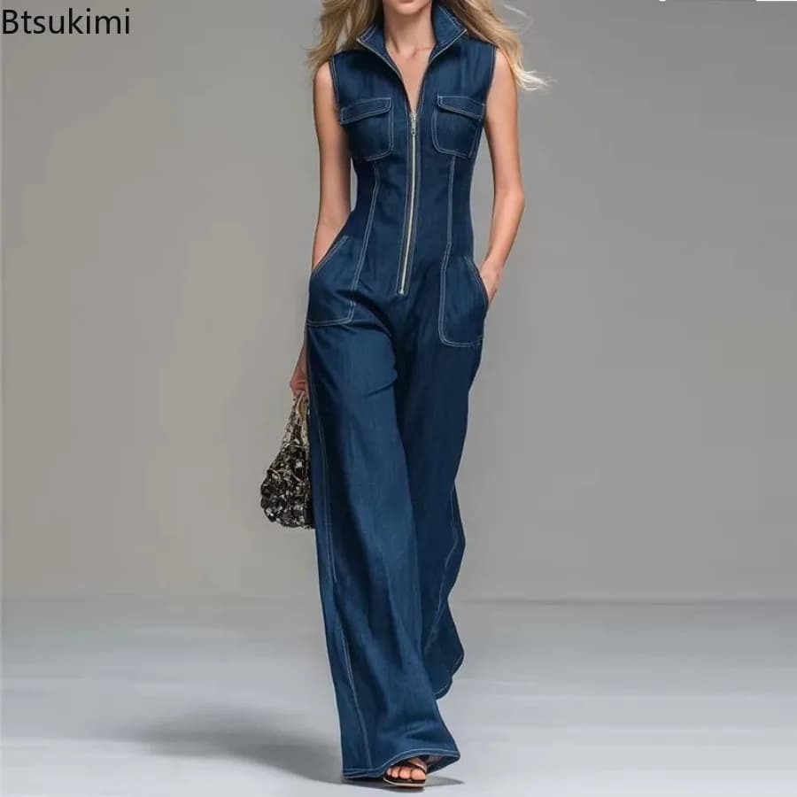 Nuova Tuta in Denim Senza Maniche da Donna, Vita Alta, Gamba Larga, Stile Cargo, con Cerniera Frontale, Casual, da Ufficio, Tuta Estiva in Jeans