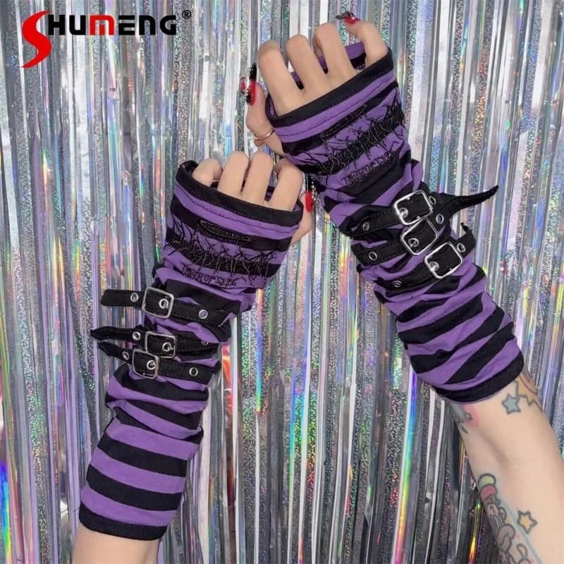 Y2K Sweet Oversleeves Harajuku Japanese embroidery striped tidal buckle black and white Yabi sunscreen gloves half fingers