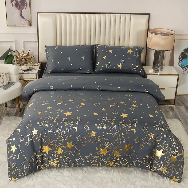Set copripiumino con stampa stella abbronzante grigio moda Set biancheria da letto, copripiumino confortevole in lamina metallica luna stelle dorate, per camera da letto