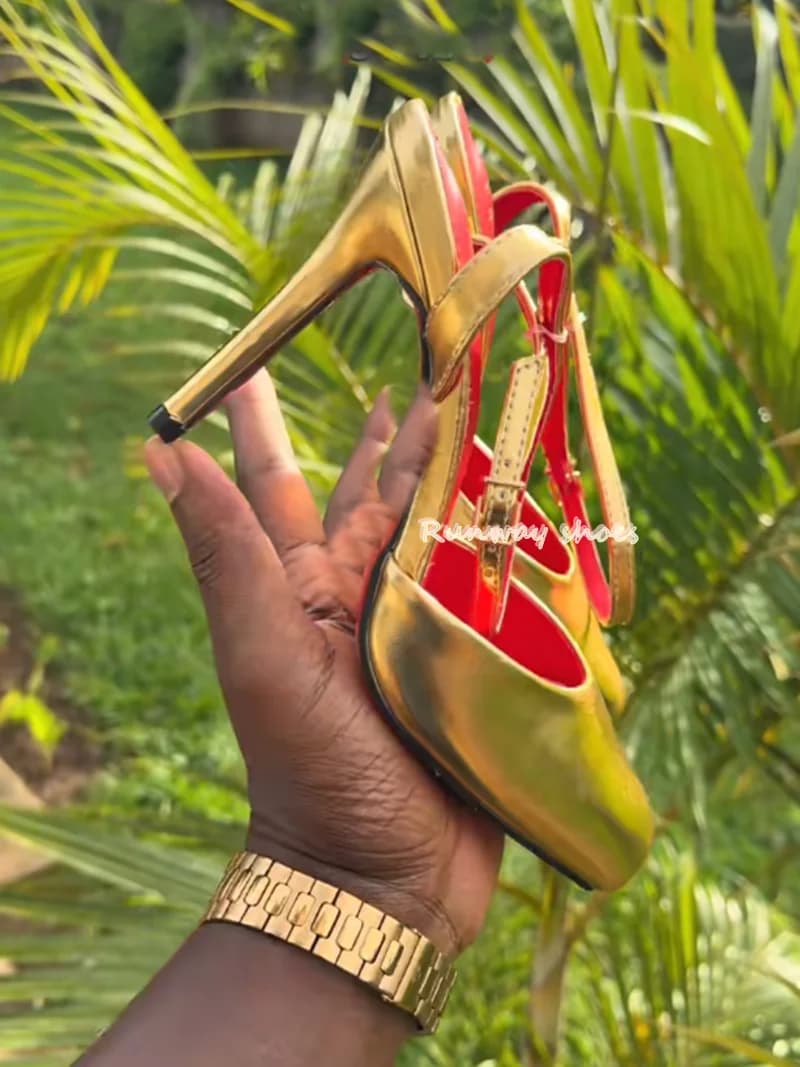 Fish Mouth Square Head Open Toes Runway Style Gold Women's High Heels Stilettos Ankle Buckle Handcrafted Luxury Footwear