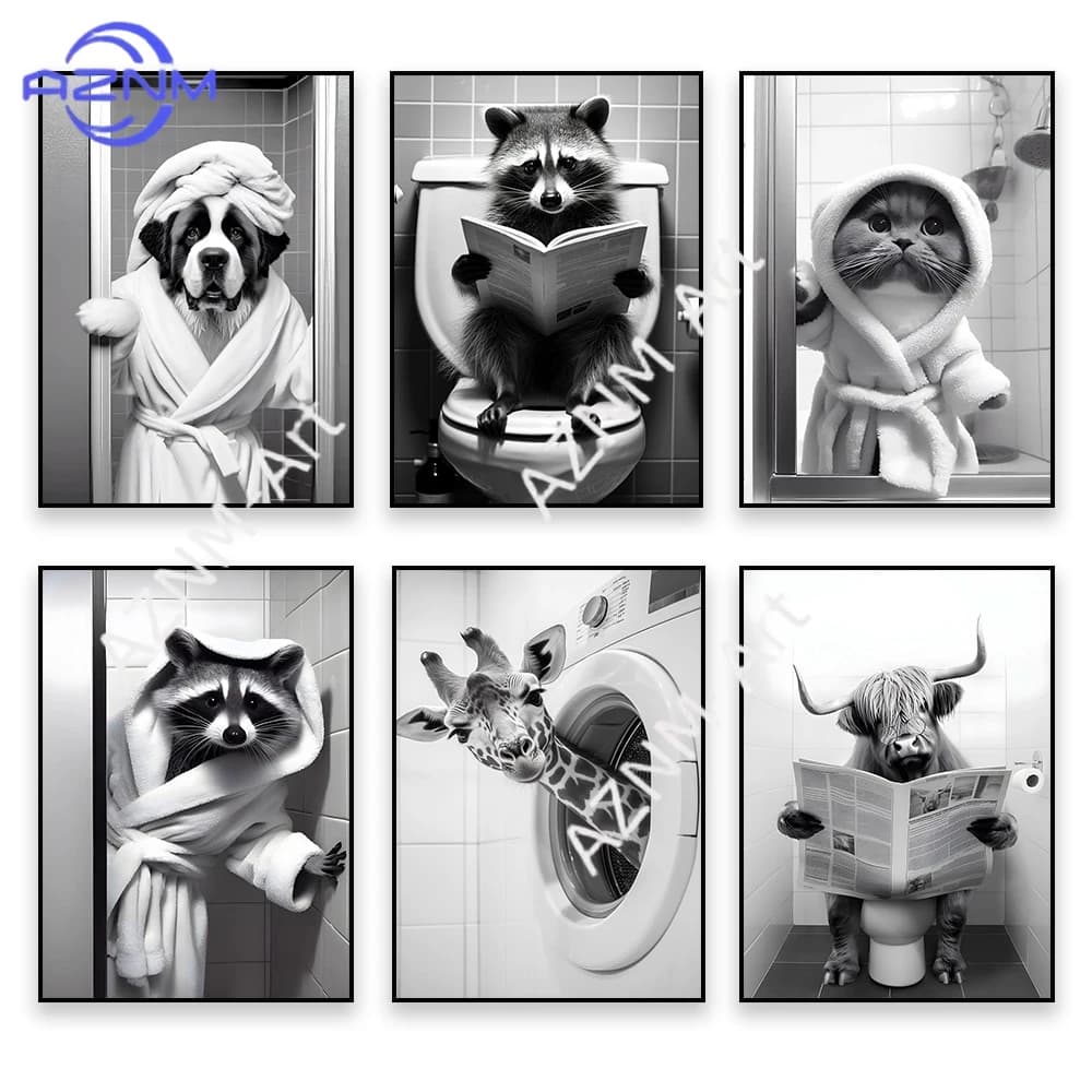 Funny poster with raccoons wearing bathrobes, black and white artistic prints of animals, dogs and cats, canvas paintings, wall decorations for the bathroom
