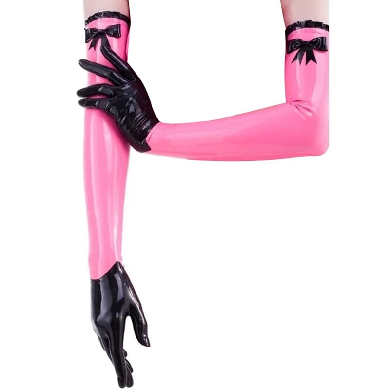 Rosa perla con finiture nere guanti lunghi Sexy in lattice con fiocchi volant guanti in gomma ST-0139
