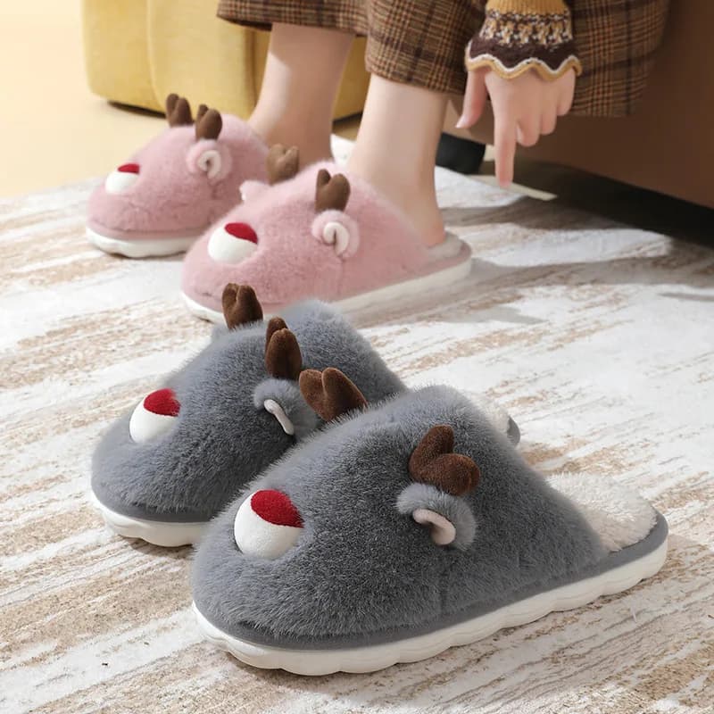 Pantofole da donna in pile con renna natalizia per uso domestico interno autunno/inverno - Set coordinato per la famiglia con fodera in cotone caldo e antiscivolo