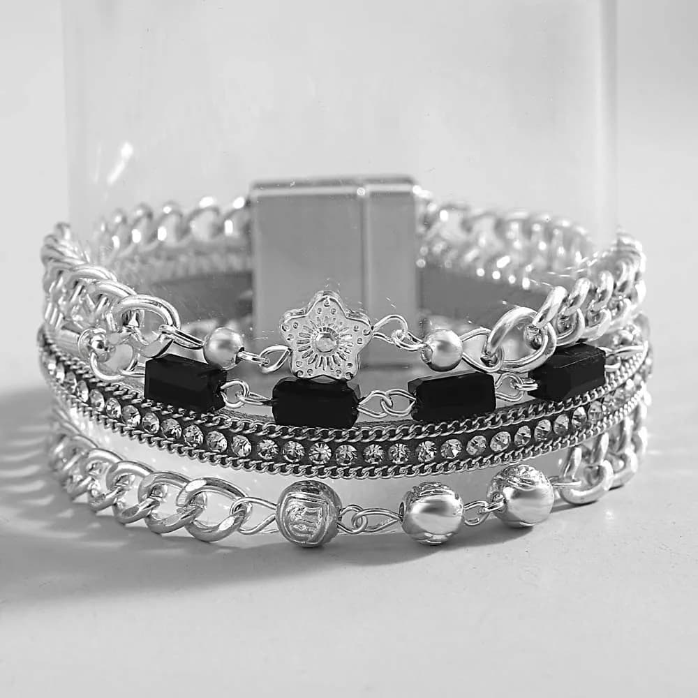 ALLYES Retro Flower Black Stone Bracelet Boho Punk Silver Color Wide Chain Beaded Multilayer Wrap Bracelets Charm Jewelry