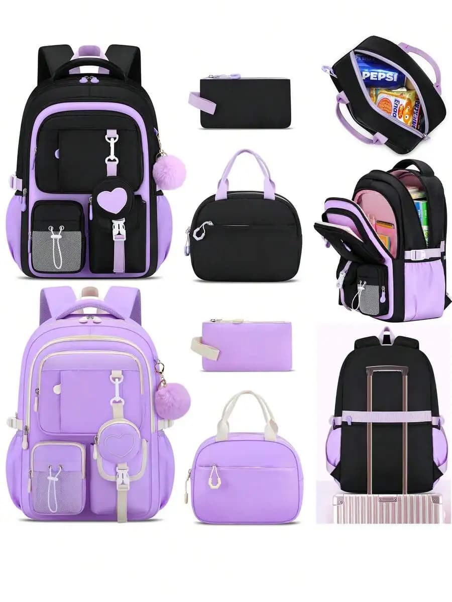 3-piece heart-shaped backpack set, suitable for teenage girls, includes a handbag and pencil case, lightweight multi-pocket student backpack, purple backpack for the back-to-school season