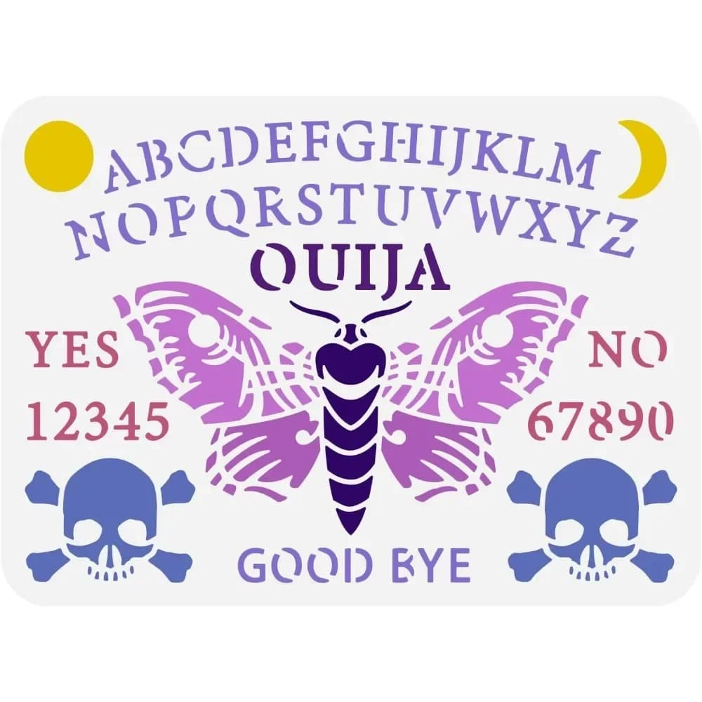 Stencil da tavolo Ouija 8,3x11,7 pollici Risposte riutilizzabili Gioco da tavolo Numero 0-9 Alfabeto AZ Stencil Divinazione Falena Modello Teschio