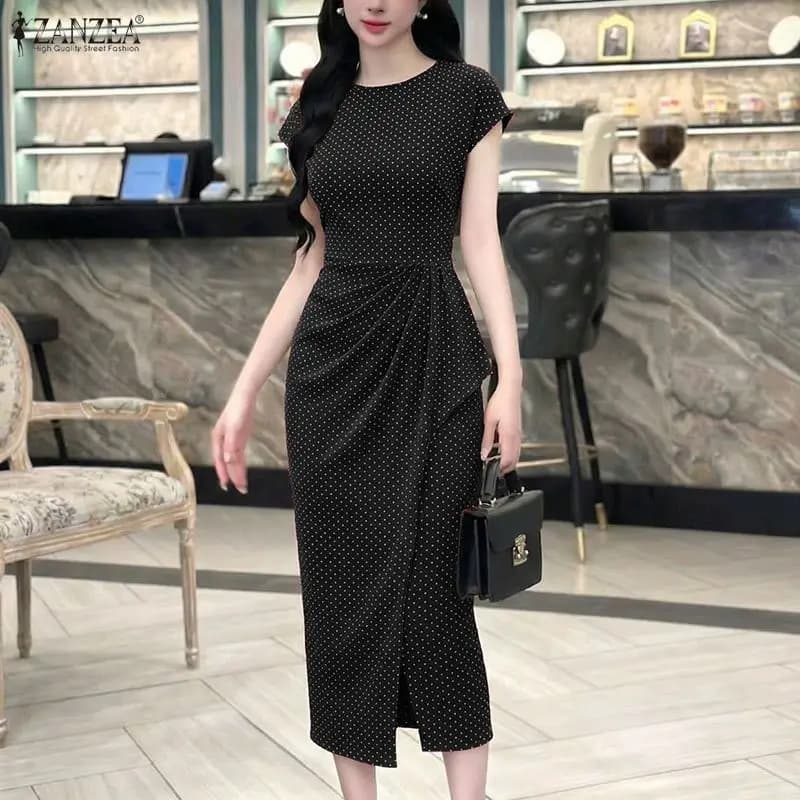ZANZEA Abito Estivo Elegante a Pois Midi da Donna, Vestito Estivo 2026 alla Moda a Maniche Corte, Camicia Lunga Plissettata, Vestito con Balze
