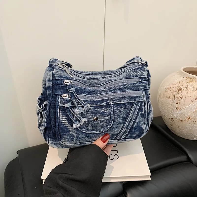 Street Style Retro Blue Denim Bag 2026 Summer Multi-Pocket Niche Ladies Backpack Crossbody Shoulder Bag for Trendy Match ita bag