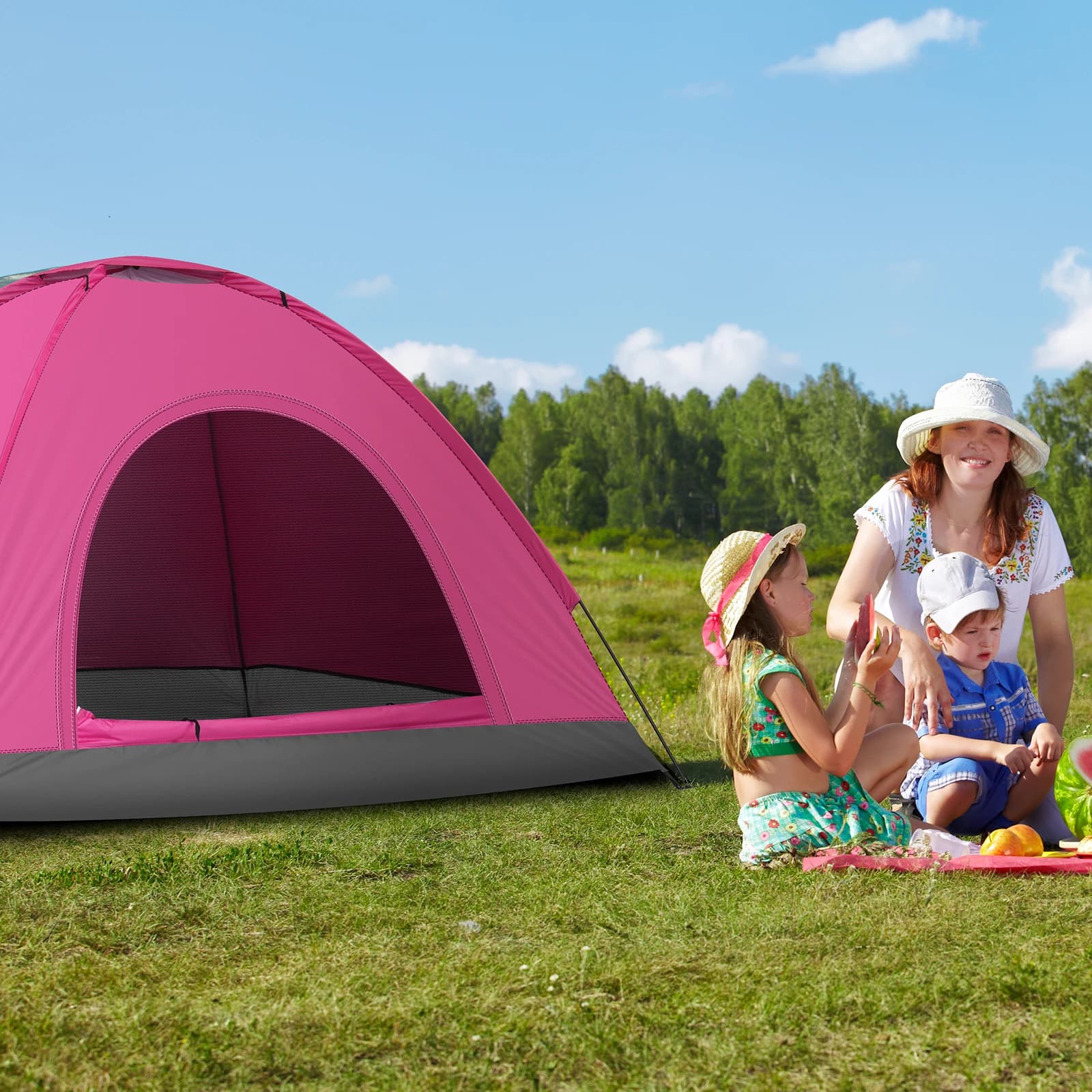 Tenda a Cupola da Campeggio per 3-4 Persone, Impermeabile, Anti-UV, in Poliestere 180T con Rivestimento Argento, Pali in Fibra di Vetro, Borsa Portatile, Rosa