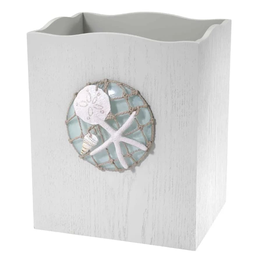 Avanti Seaglass Wastebasket for bathroom use, tempered glass material, seafoam green color, shatter-resistant and sleek modern