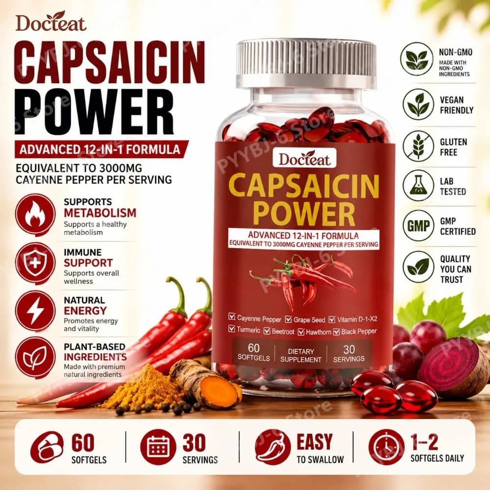 Capsaicin Power 12-in-1 Integratore al Peperoncino di Cayenne 60 Softgel Curcuma Barbabietola Semi d'Uva Pepe Nero Supporto Quotidiano per il Metabolismo