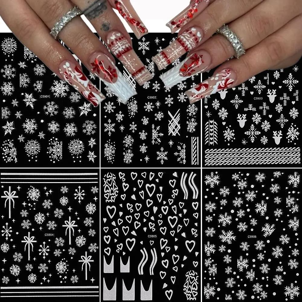 1/6 pezzi 3D fiocchi di neve bianchi adesivi per unghie di Natale alce neve cuore stella autoadesivo nail art decalcomania inverno Natale fai da te nail supplie