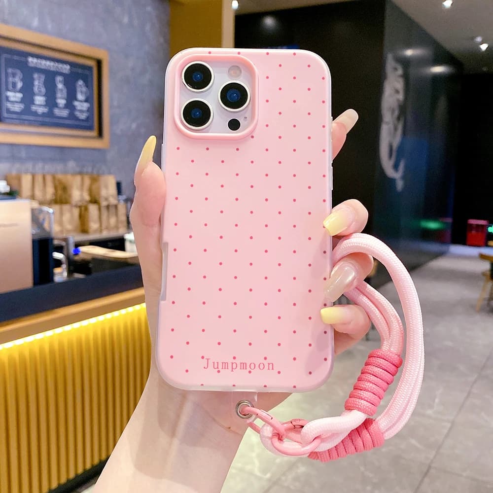 Wrist Strap Phone Case For iPhone 17 11 13 12 14 15 16 Pro Max XS XR X 7 8 Plus 17 Air Polka Dots 2 in 1 With Lanyard Cover